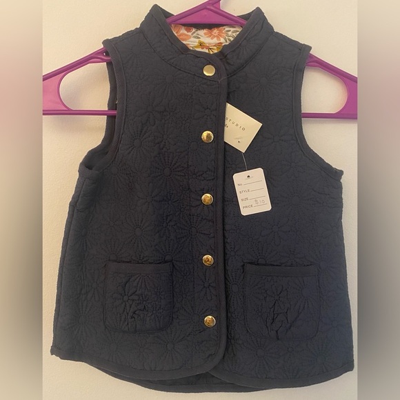 Max Studio Kids Navy Floral Snap Button Up Vest Girls Sz 4T NWT - Picture 1 of 13